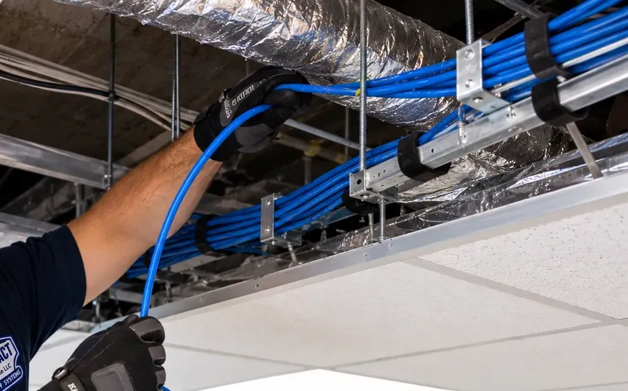 Cable guided along supported ceiling bundles — Upper West Side Manhattan Cat6 replacement run Gloved hand guiding a blue cable along supported bundles strapped to metal brackets beside foil-wrapped ductwork in an open ceiling grid — replacement Cat6 run, Upper West Side Manhattan