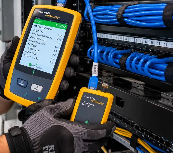 Cat 6 channel test passing with the remote unit attached — Upper West Side Manhattan Gloved hands holding a yellow cable certifier showing a TIA Cat 6 channel PASS with measurements, a blue cord rising to the rack and a smaller remote unit below — certification after a Cat6 repair, Upper West Side Manhattan