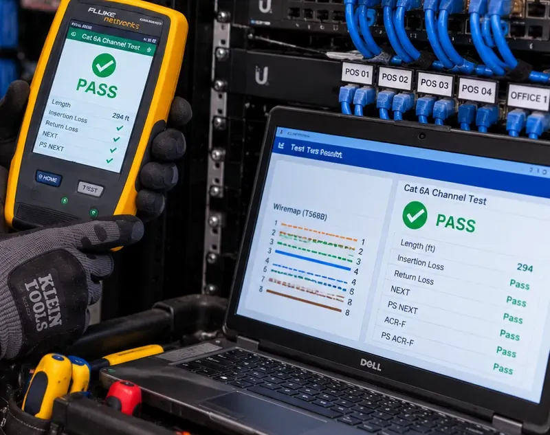 Certifier and laptop test report side by side — Upper West Side Manhattan Cat6 repair Yellow handheld certifier showing PASS above an open laptop with a matching Cat 6A channel test report and wire map, rack ports labelled POS and AP behind — Cat6 repair certification for Upper West Side, Manhattan