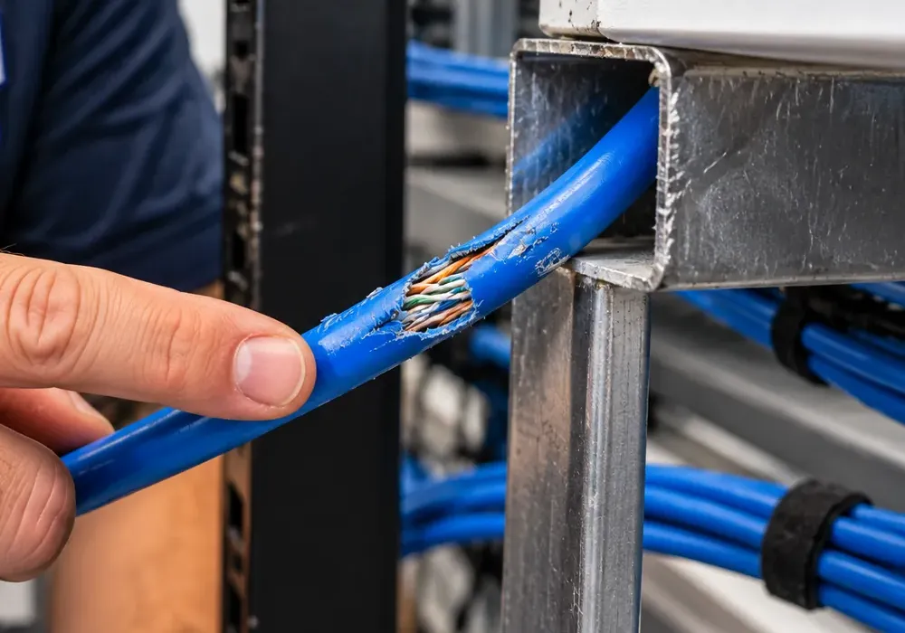 Split Cat6 jacket at a sharp steel edge — Upper West Side Manhattan Finger pointing at a blue cable whose outer jacket has split open to show twisted pairs where it bends over the cut edge of a steel channel — damaged Cat6 found on an Upper West Side, Manhattan repair