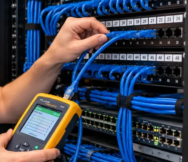Patch cord seated at a numbered panel for testing — Cat6 repair, Upper West Side Manhattan Hand seating a blue patch cord into a patch panel numbered 25 to 48 while the other hand holds a yellow tester with a wire-map screen — Cat6 link test for an Upper West Side, Manhattan repair