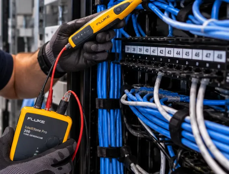 Probe and tone generator tracing a cable at the panel — Upper West Side Manhattan Yellow inductive probe held against blue cables beside a patch panel numbered 37 to 48, with a yellow tone generator and red and black leads in the other gloved hand — Cat6 tracing on an Upper West Side, Manhattan repair