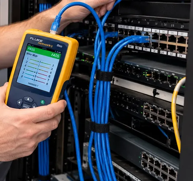 Wire map passing at the patch panel — Upper West Side Manhattan Cat6 repair Hand holding a yellow tester with a wire-map PASS screen while a blue cord runs up to a patch-panel port among strapped blue patch cords and switch ports — wire map check on an Upper West Side, Manhattan Cat6 repair