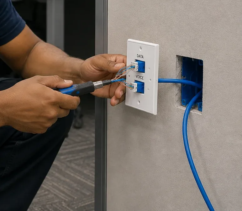 Data and voice plate re-terminated β Westchester County Cat6 repair Hands re-terminating the keystones of a two-port plate marked Data and Voice beside an open blue box, Cat6 jack repair in Westchester County