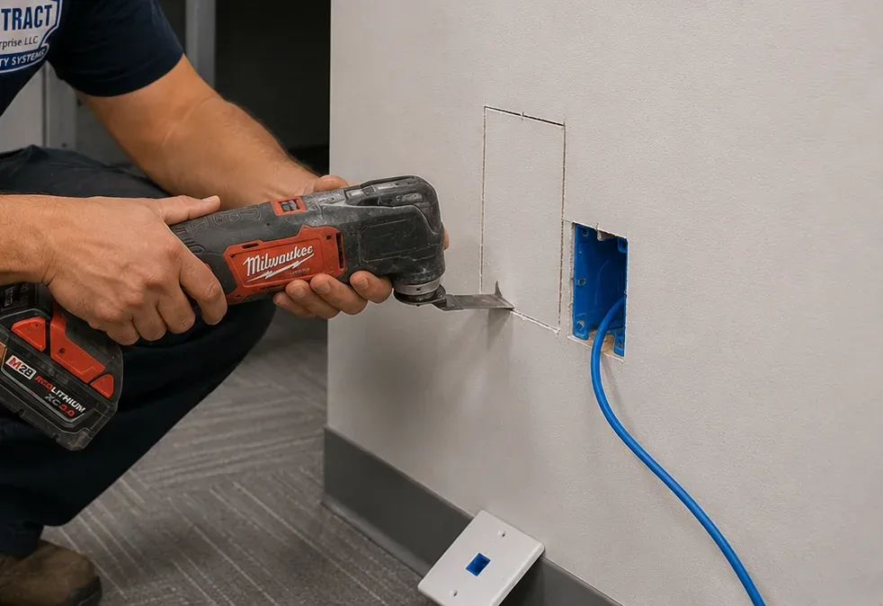 Small access opening cut at a wall box β Westchester County Cat6 repair Oscillating tool cutting a marked access opening in grey drywall beside a blue low-voltage box with Cat6 cable, Westchester County repair