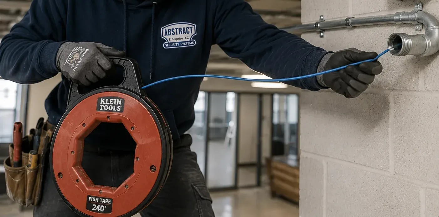 Fish tape feeding a replacement run into conduit β Westchester County Technician feeding a blue line from a red fish-tape reel into a metal conduit fitting on a block wall, replacement run in Westchester County