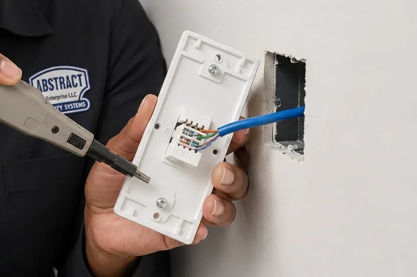 Keystone re-termination at a wall plate β Cat6 repair in Westchester County Punch-down tool seating a blue Cat6 cable into the keystone on the back of a single-port wall plate, jack repair in Westchester County