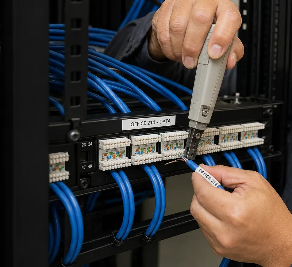 Patch panel port re-punched and labelled β Cat6 repair Westchester County Punch-down tool on a patch panel module labelled Office 214 Data with a matching cable label, Cat6 panel port repair in Westchester County