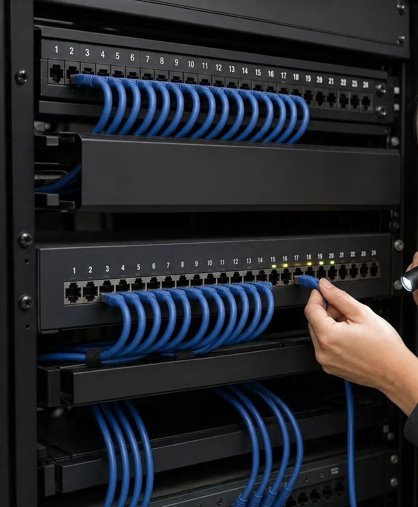 Checking panel and switch ports by flashlight β Westchester County Cat6 Hand plugging a blue cord into a numbered patch panel port beside a small flashlight in a rack, checking Cat6 port lights in Westchester County