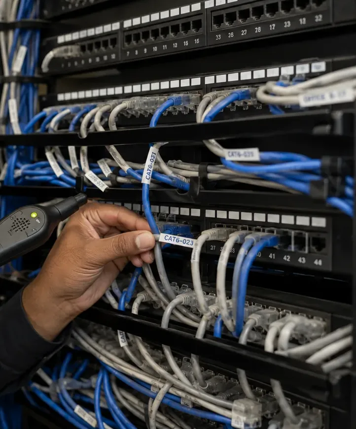 Tone probe tracing a labelled cord β Cat6 repair Westchester County Tone probe held against a labelled patch cord among rows of patch panels, tracing a Cat6 run in Westchester County