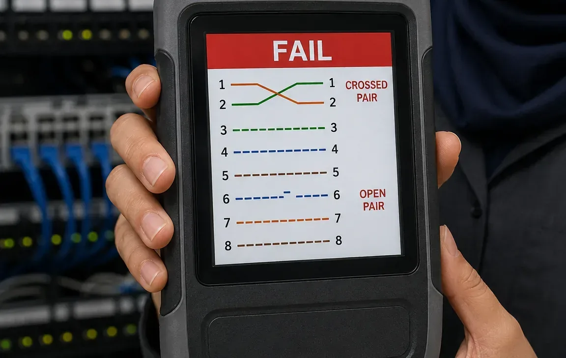 Wire map FAIL with crossed and open pairs β Westchester County Cable tester screen showing FAIL with a crossed pair and an open pair in front of a patch panel rack, Westchester County Cat6 repair diagnosis