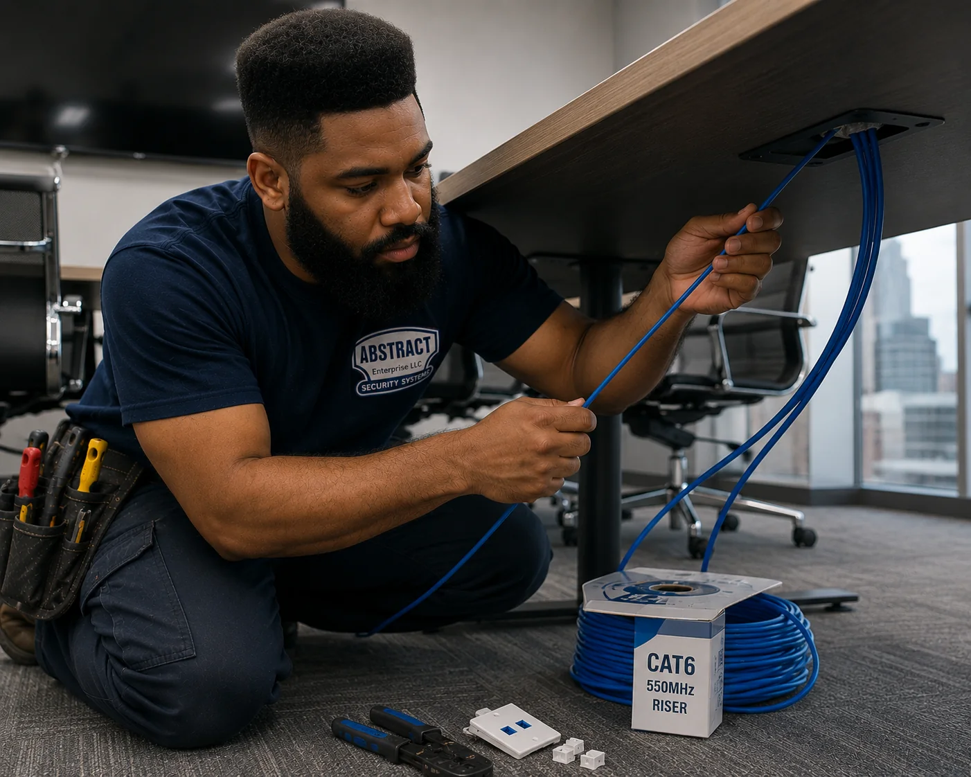 Cat6 cable installation NYC technician routing Cat6 up through a conference table grommet in a high-rise office
