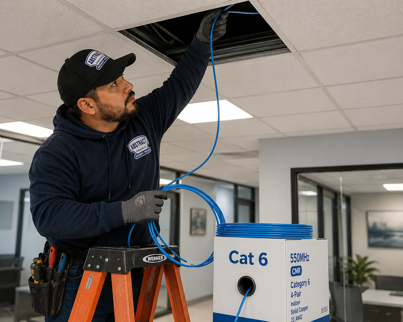 Cat6 installation NYC technician pulling Cat6 cable through an open ceiling tile beside a Cat 6 CMR cable box