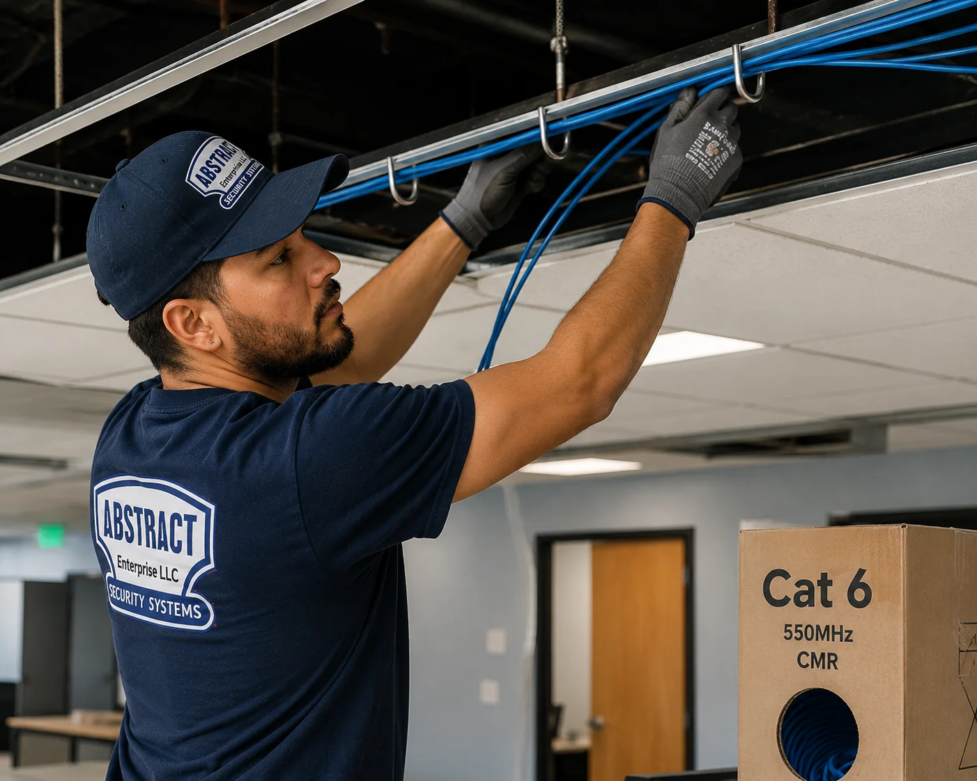 Cat6 installer Manhattan laying a cable bundle into J-hooks above a commercial ceiling