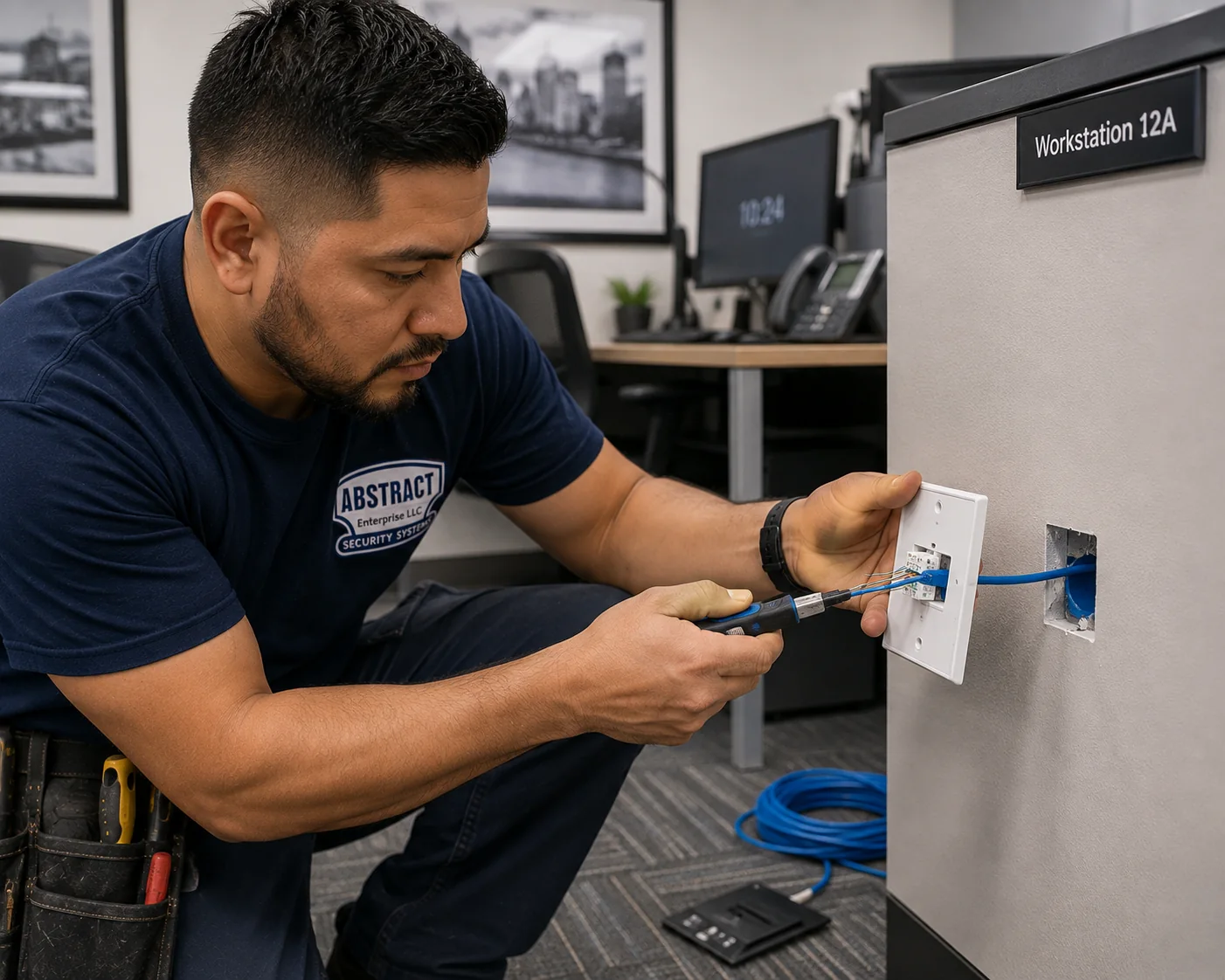 Cat6 network drop installation NYC technician re-terminating a labeled workstation outlet