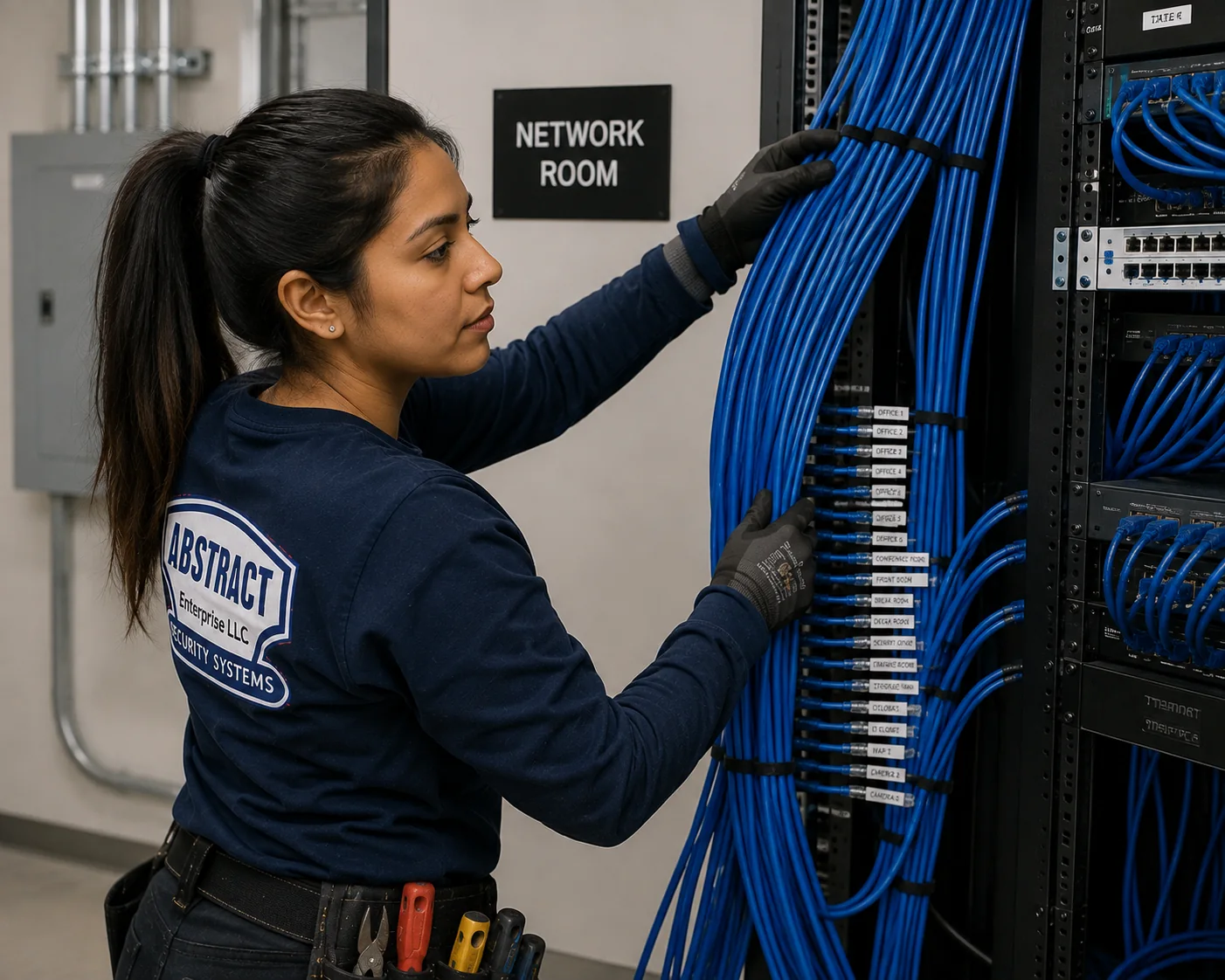 Cat6 patch panel installation Hudson Valley technician dressing a labeled bundle into a network room rack
