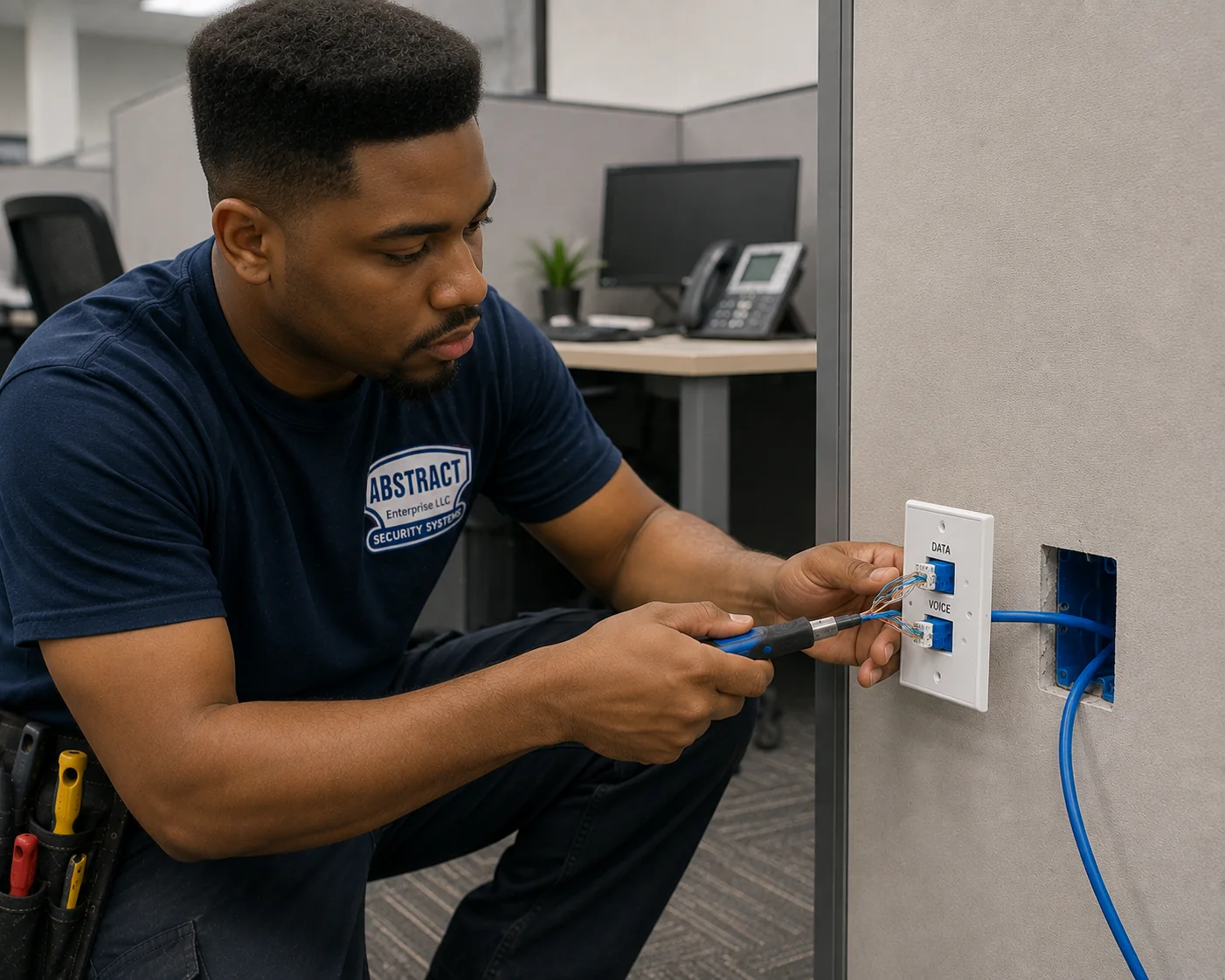 Cat6 voice and data outlet installation Manhattan technician punching down a combined data and voice wall plate