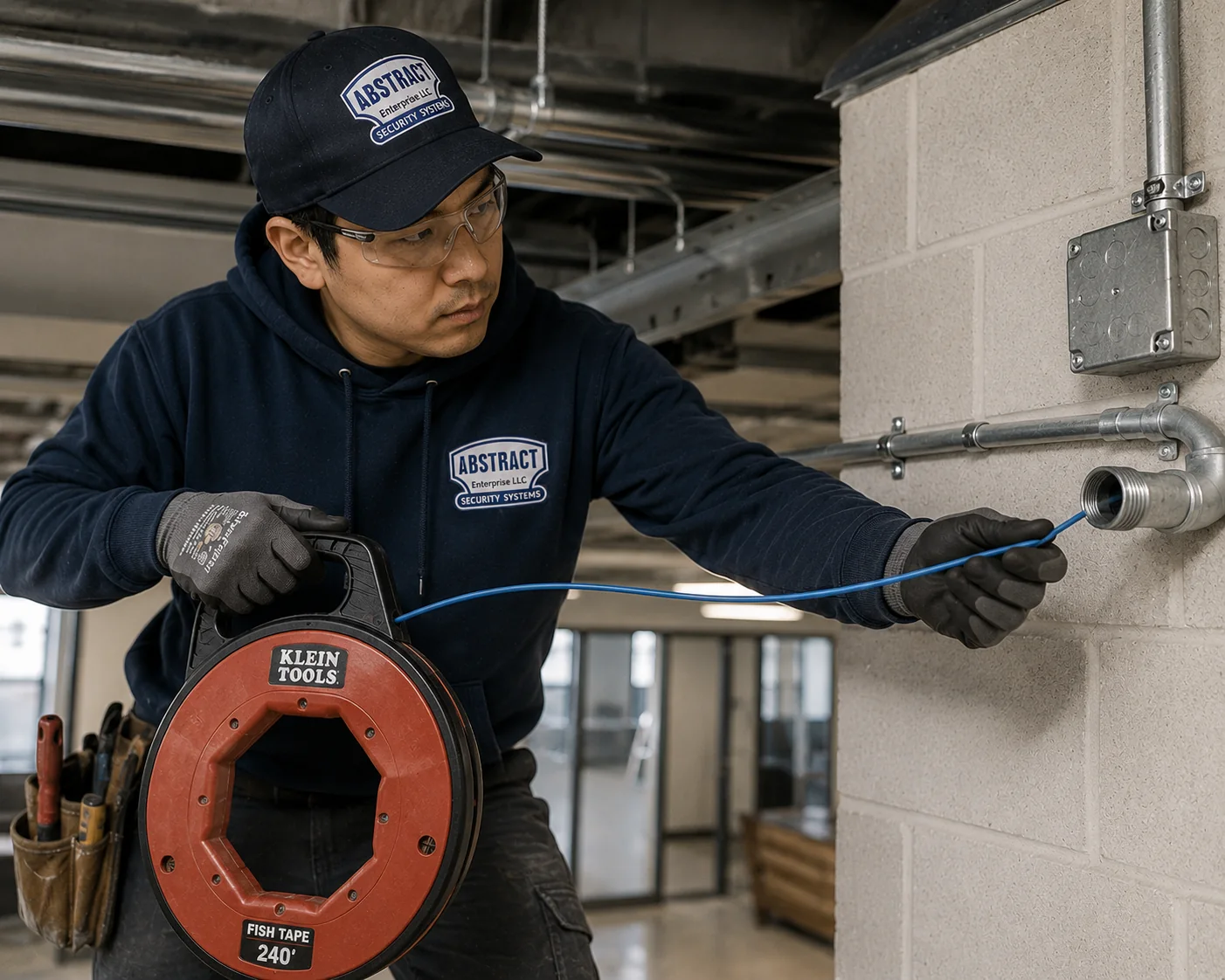 Cat6 wiring NYC technician feeding cable into existing conduit on a block wall with a Klein fish tape