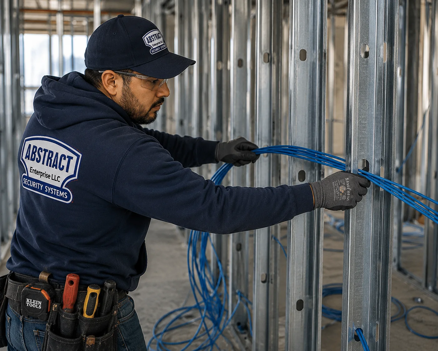 Commercial Cat6 installation NYC technician feeding Cat6 through metal stud knockouts before drywall