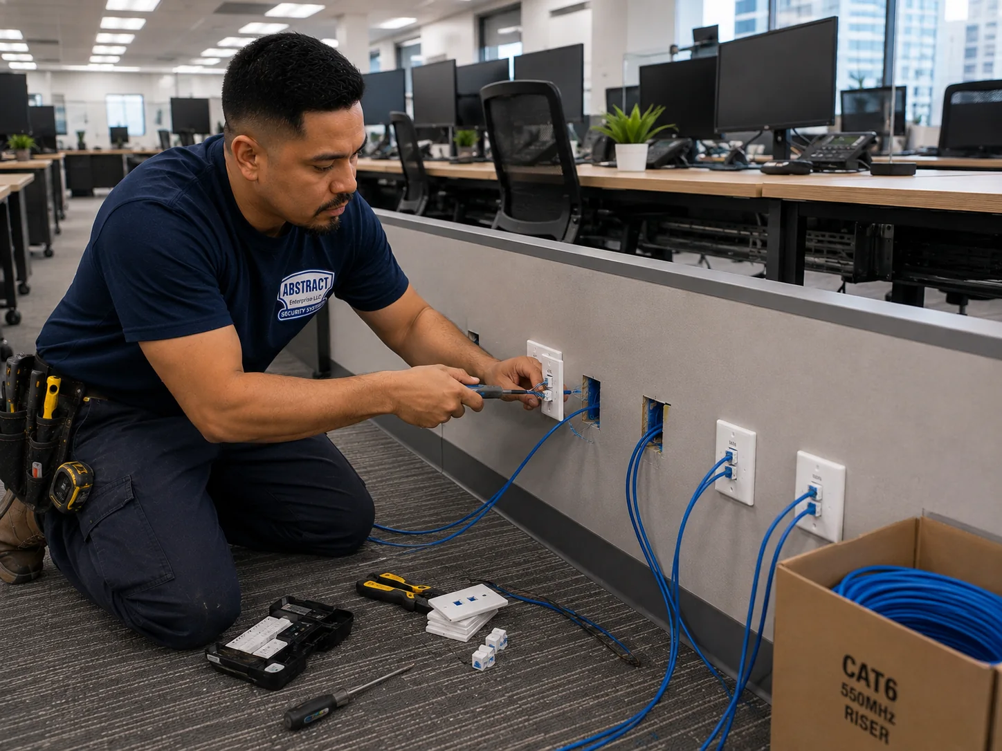 Commercial Cat6 installation NYC technician terminating a run of Cat6 outlets along an open-plan desk bank