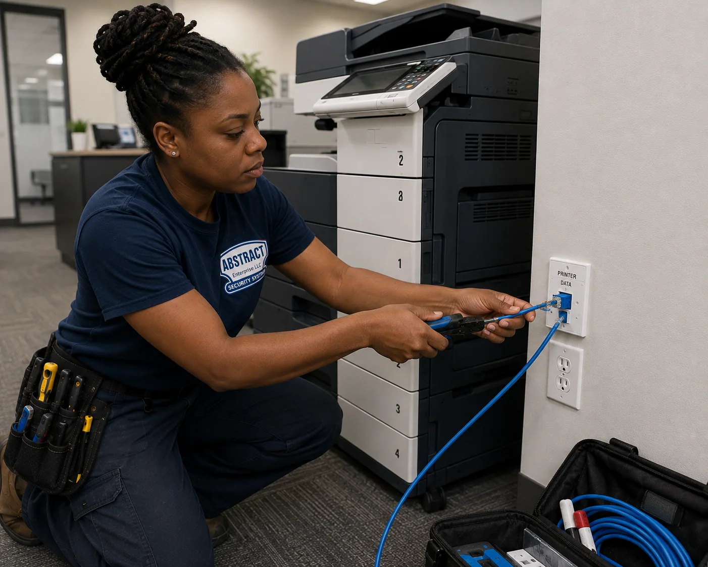 Office Cat6 installation NYC technician terminating a labeled printer data jack beside a multifunction copier