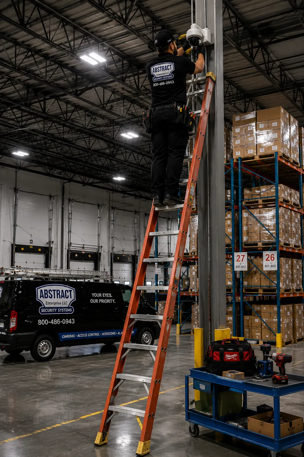 Commercial CCTV camera installer working above the dock doors in Queens, NY