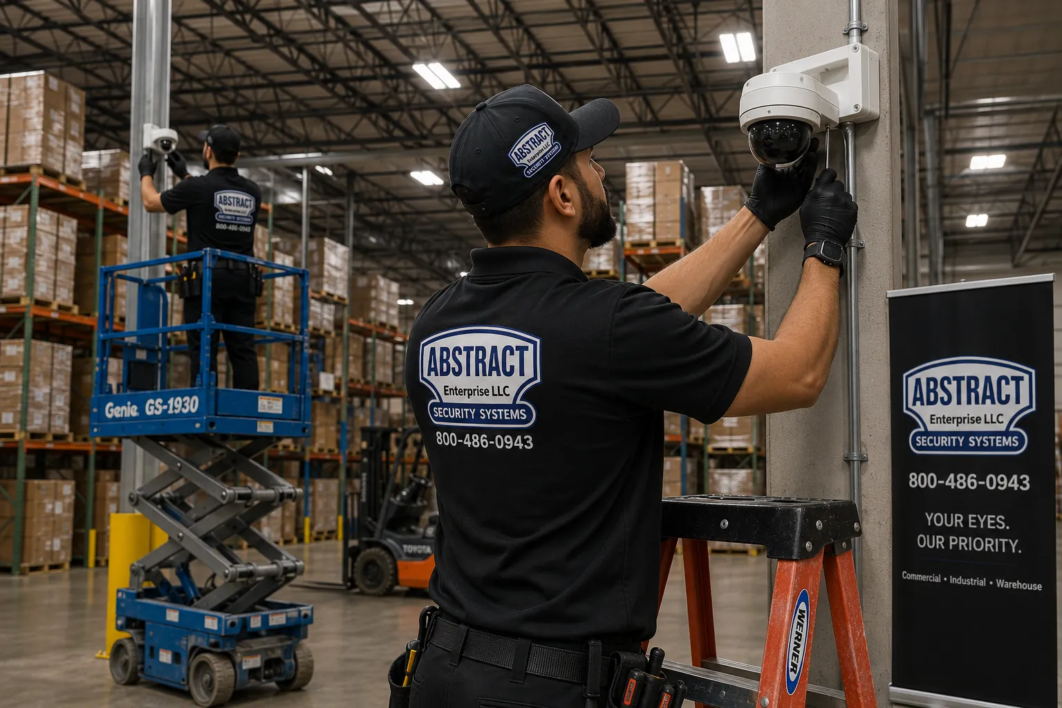 Commercial security camera installation on a working warehouse floor in Staten Island, NY