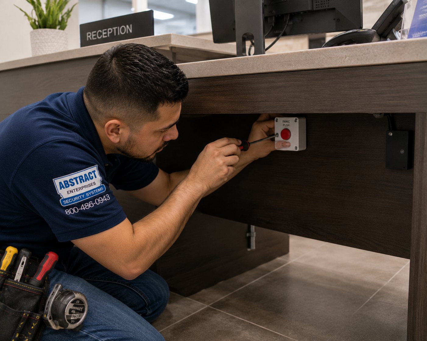 Commercial security systems Brooklyn installer mounting glass-break detectors and a siren in a retail storefront