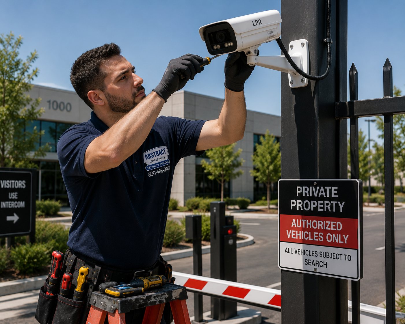 Commercial security systems Brooklyn LPR camera at a gated commercial lot with authorized-vehicles signage