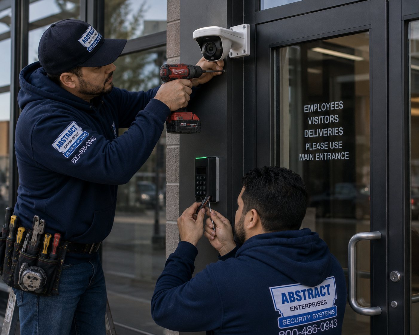 Commercial security systems Hudson Valley technician wiring an alarm keypad showing system ready at an employee entrance