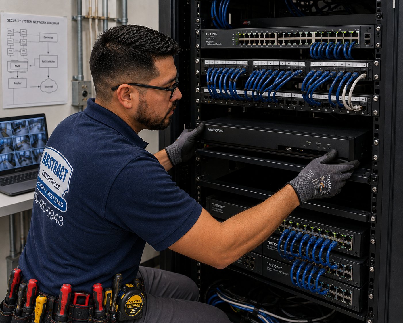 Commercial security systems Long Island installer racking an NVR above PoE switches feeding cameras and doors