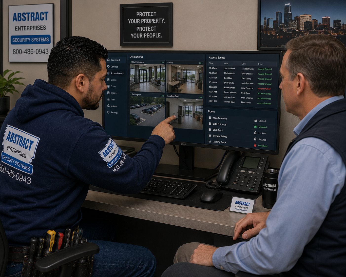 Commercial security systems Manhattan technician training a business owner on the live camera and access events dashboard