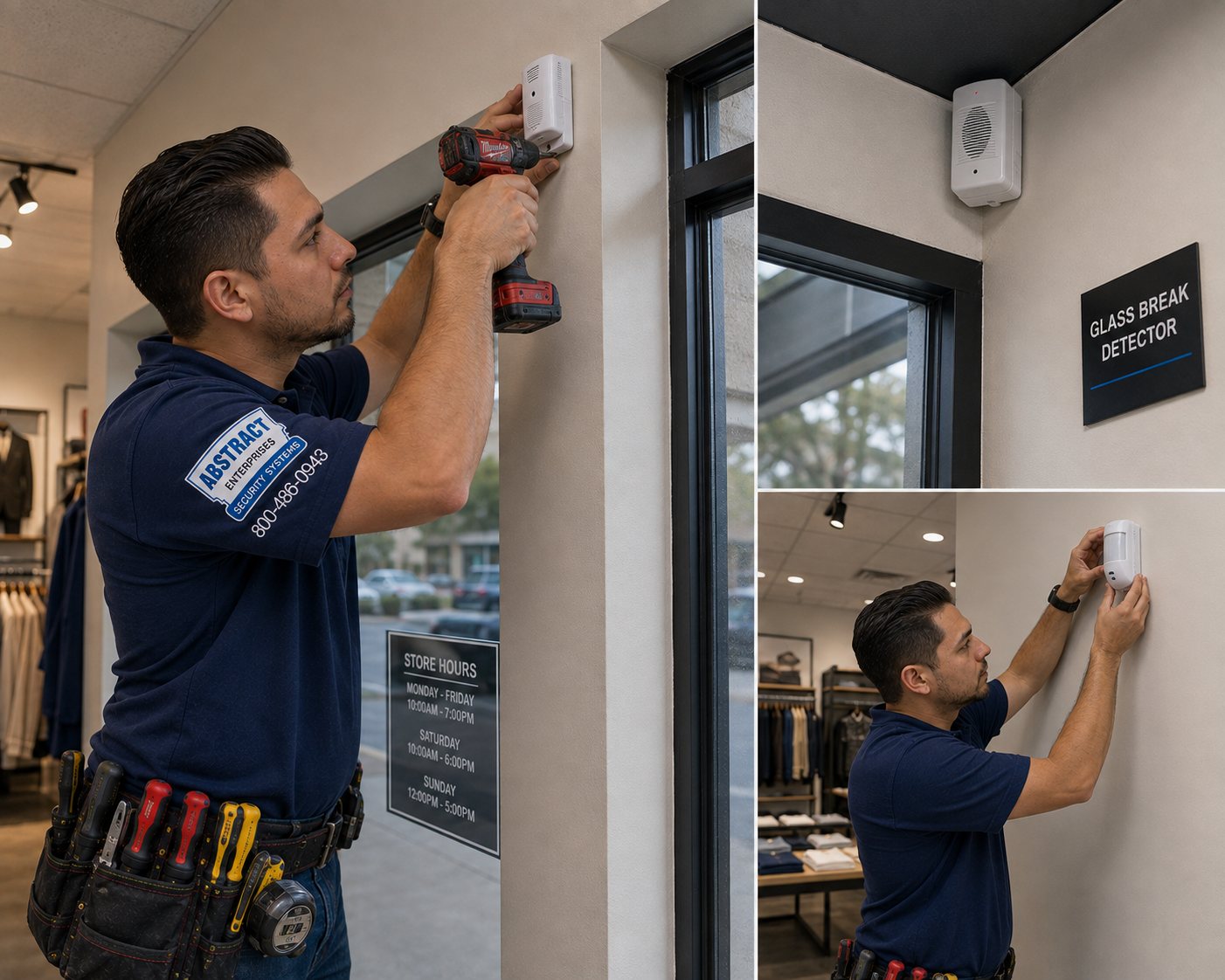 Commercial security systems Manhattan crew installing an entrance camera and video keypad intercom at a glass storefront door