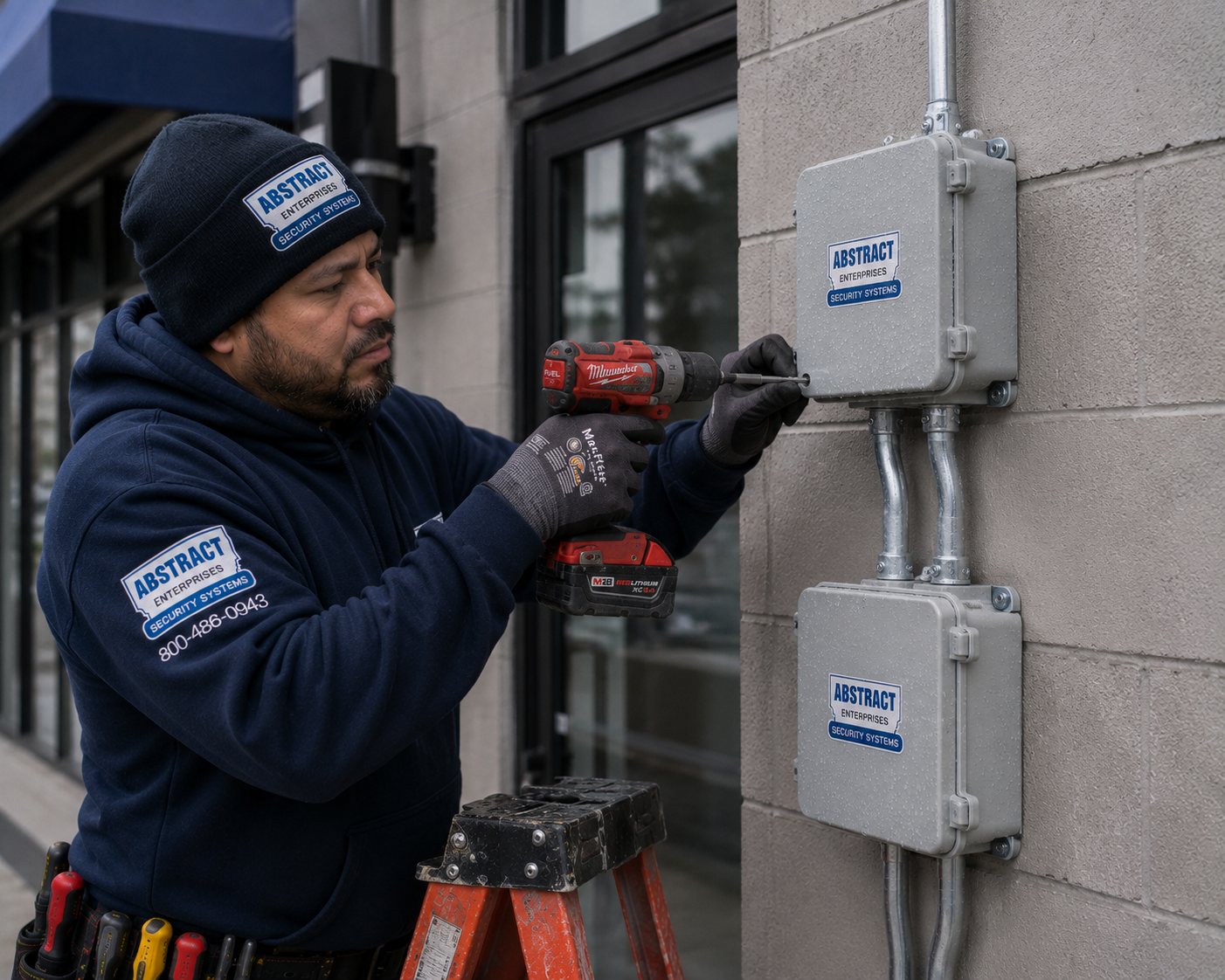 Commercial security systems Manhattan installer mounting branded weatherproof junction boxes on a storefront exterior wall