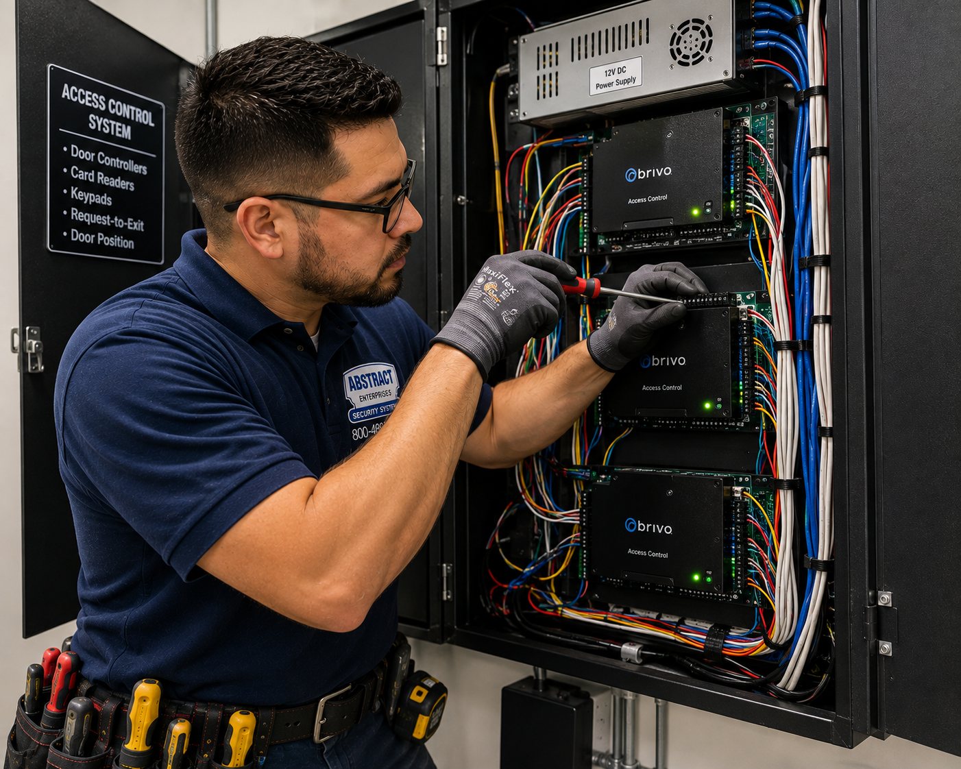 Commercial security systems NYC technician terminating Brivo access control panels in a wall enclosure