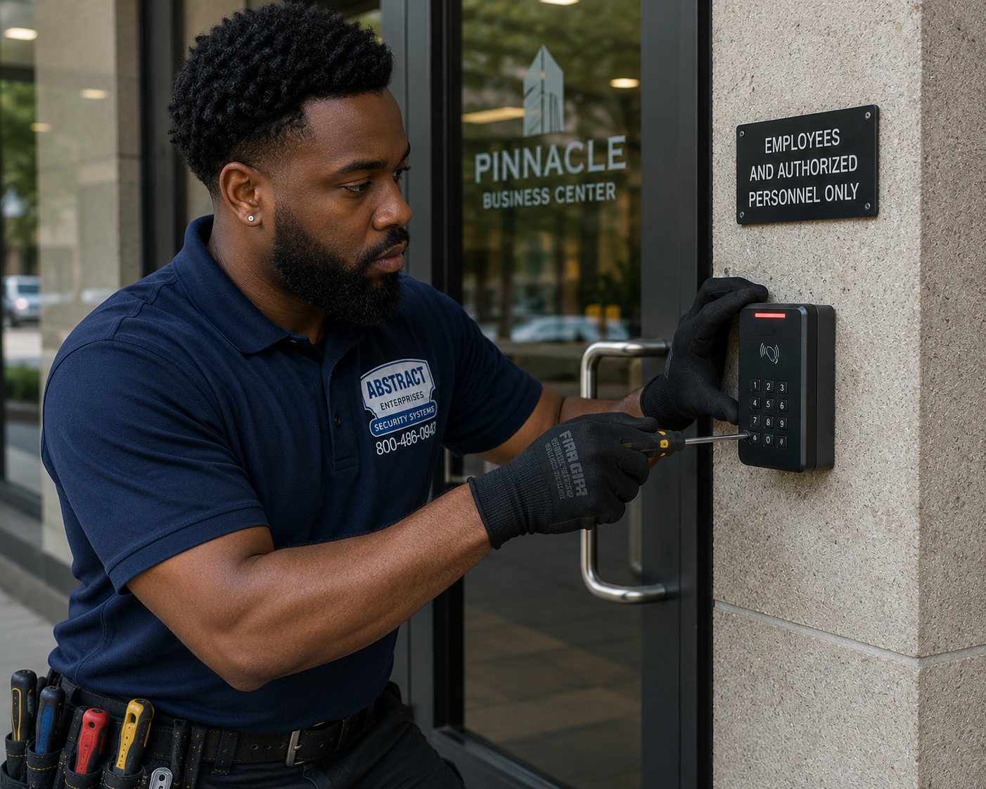 Commercial security systems NYC technician mounting a keypad card reader at a business center entrance