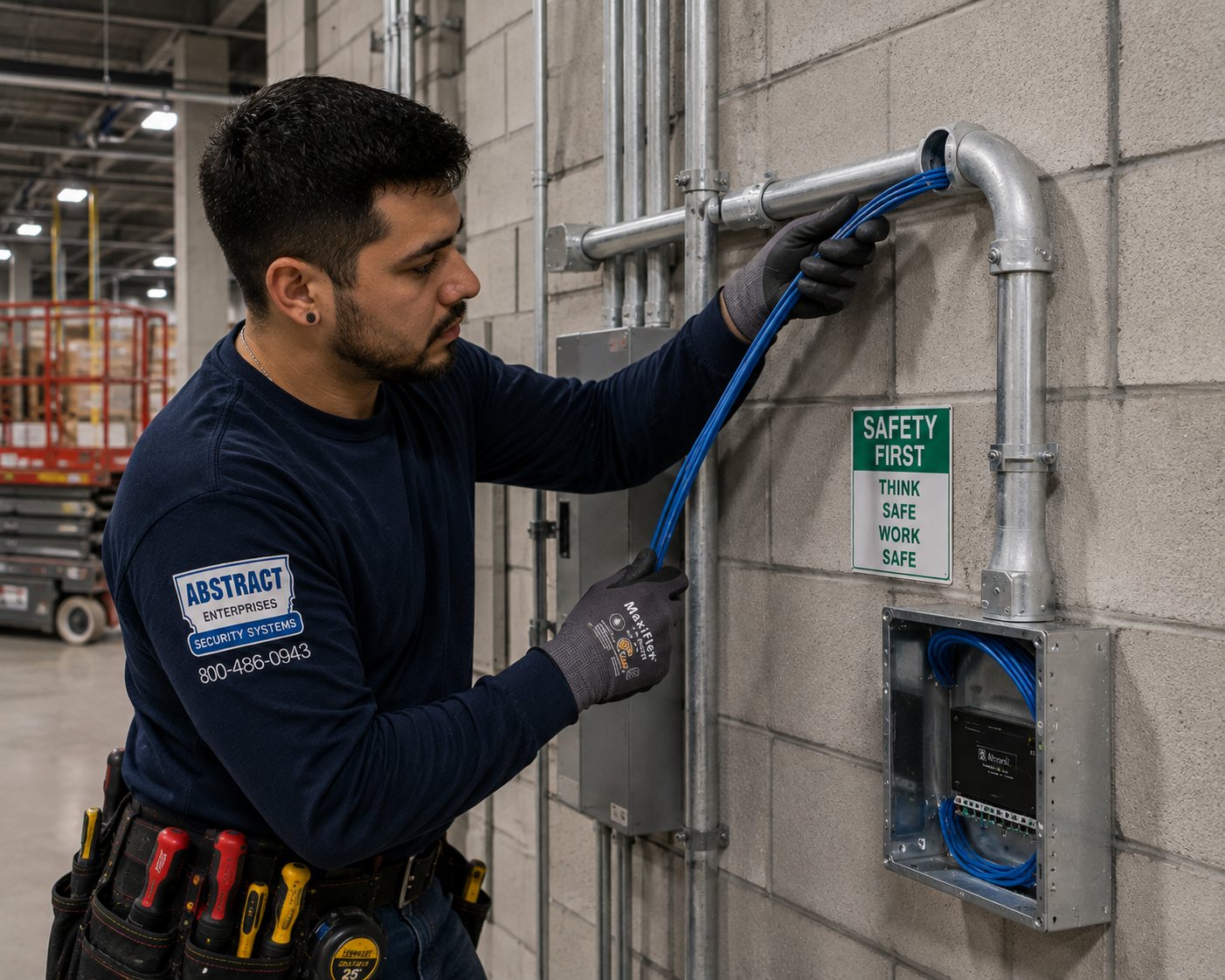 Commercial security systems NYC technician pulling network cable through conduit to a wall-mounted controller enclosure