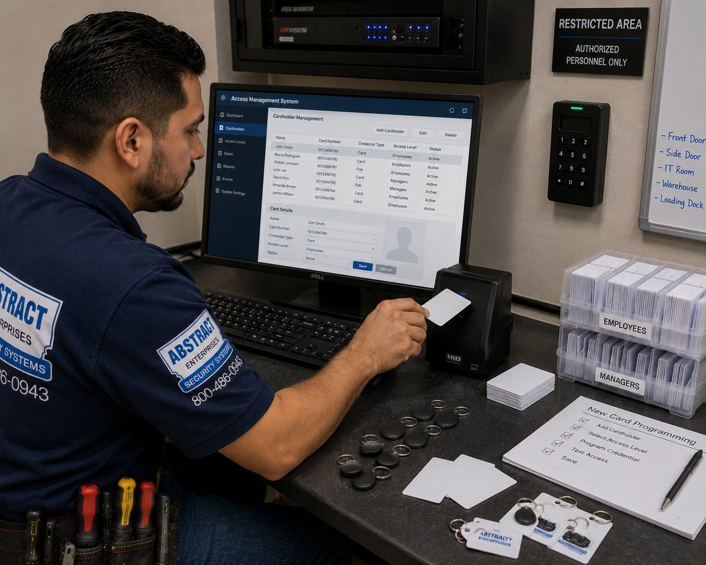 Commercial security systems NYC technician programming employee cards and fobs at an access management workstation