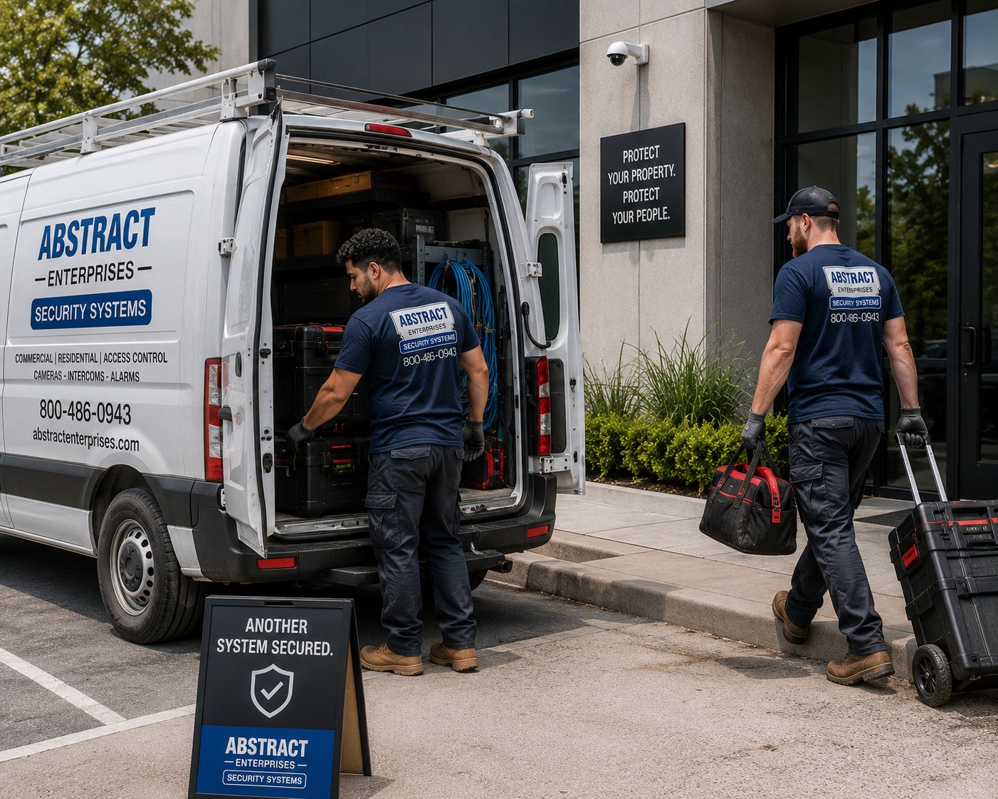 Commercial security systems NYC installation crew arriving with a branded van at a business property