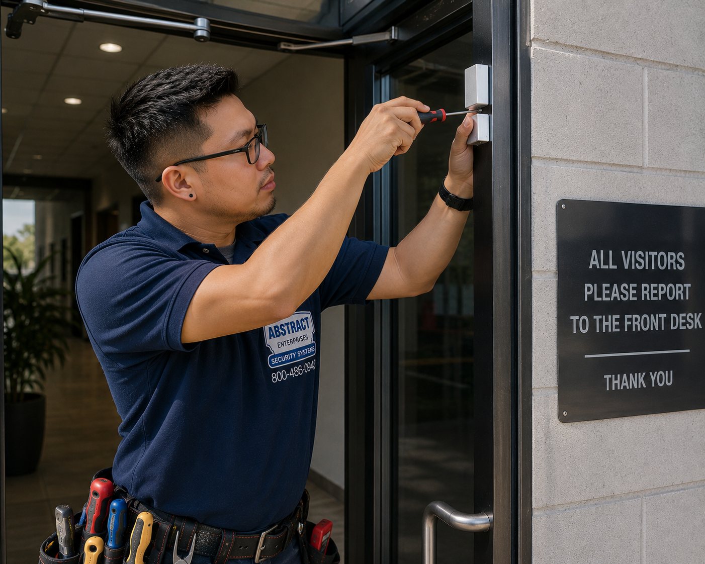 Commercial security systems NYC installer mounting a door position contact at the head of a business entrance door