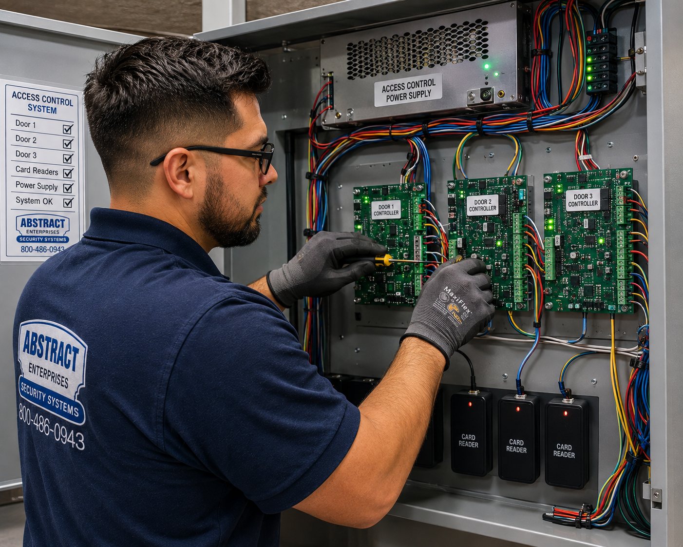 Commercial security systems NYC technician wiring three door controllers and card readers in an access control power enclosure