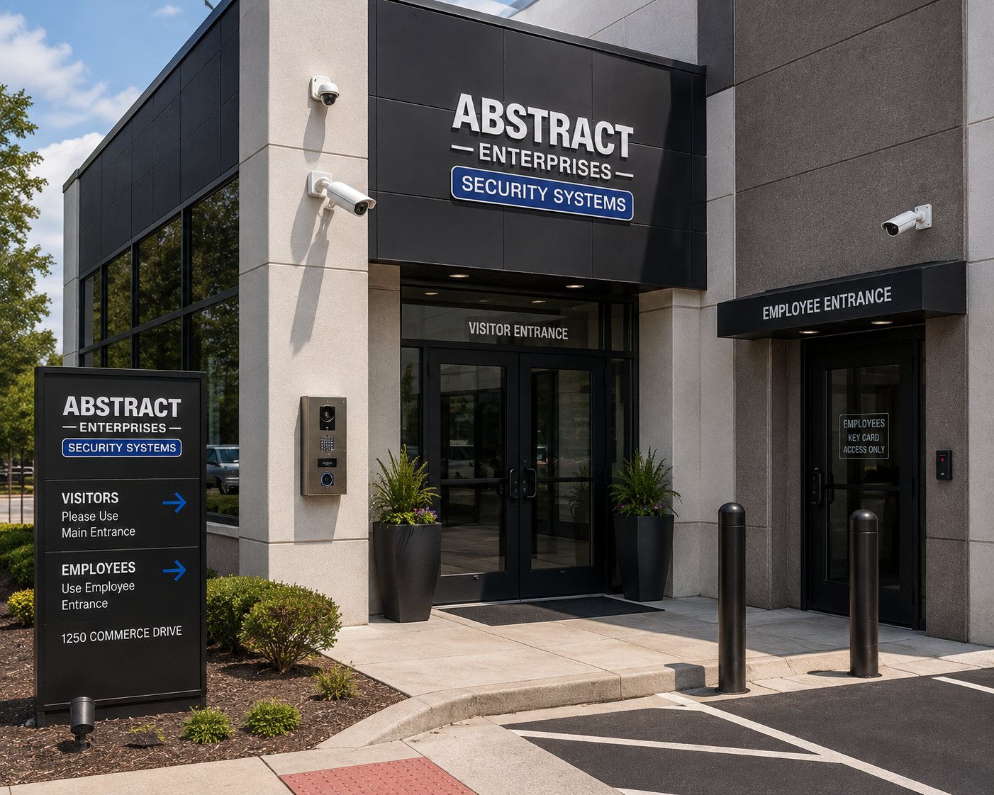 Commercial building with separated visitor and employee entrances covered by cameras, intercom and card readers
