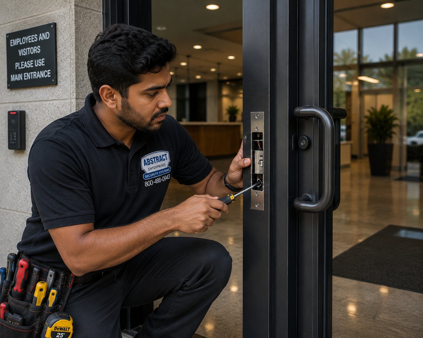 Commercial security systems NYC technician installing an electric strike in a business entrance door frame