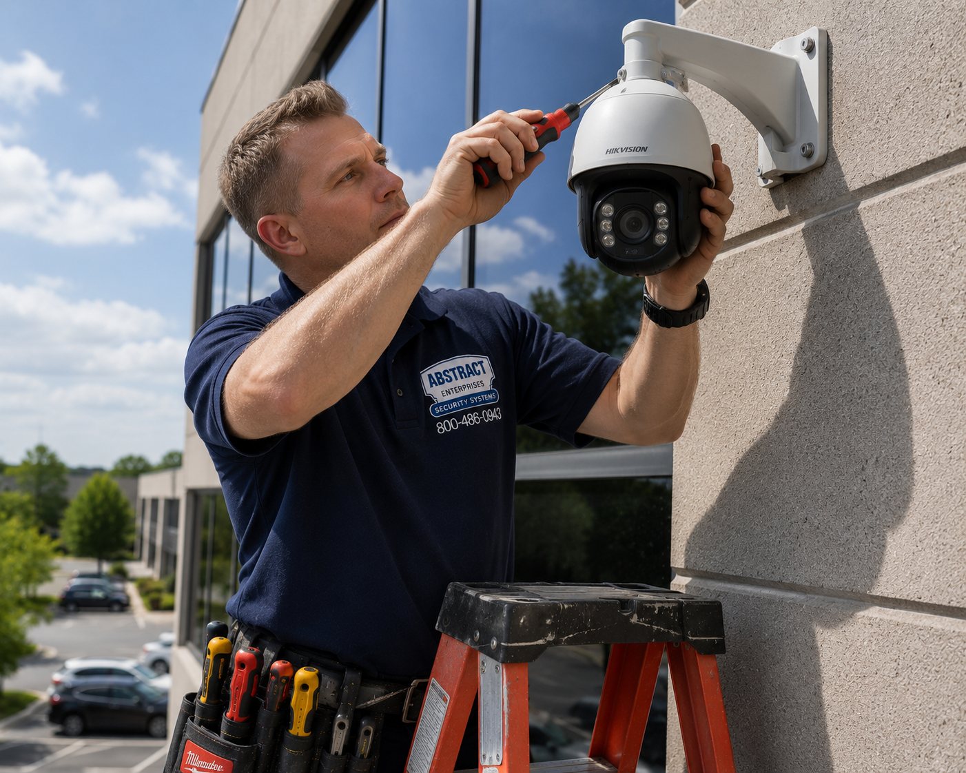 Commercial security systems NYC installer mounting an exterior PTZ camera over a business parking lot