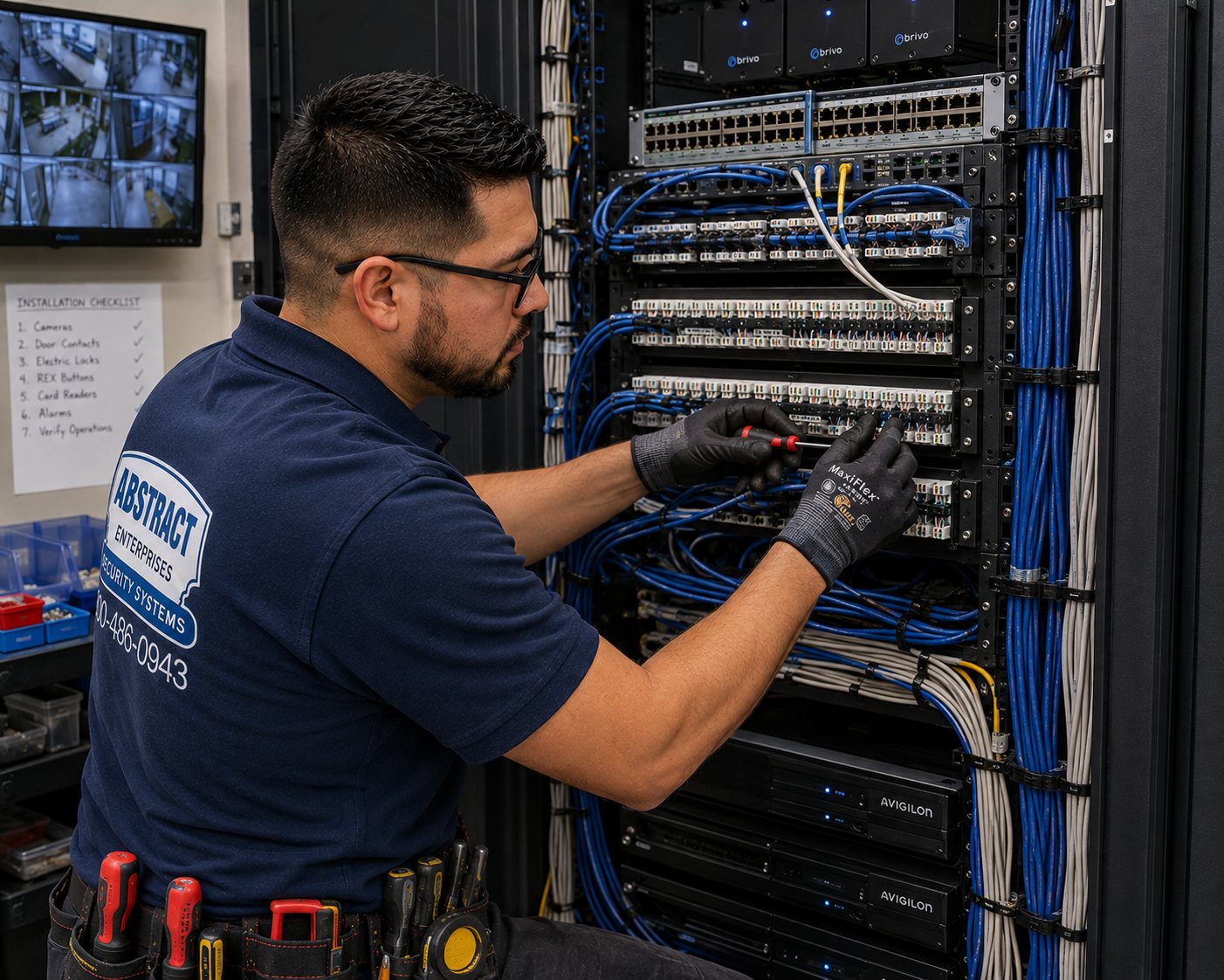 Commercial security systems NYC technician commissioning an integration rack with Brivo access panels, PoE switching and Avigilon recorders