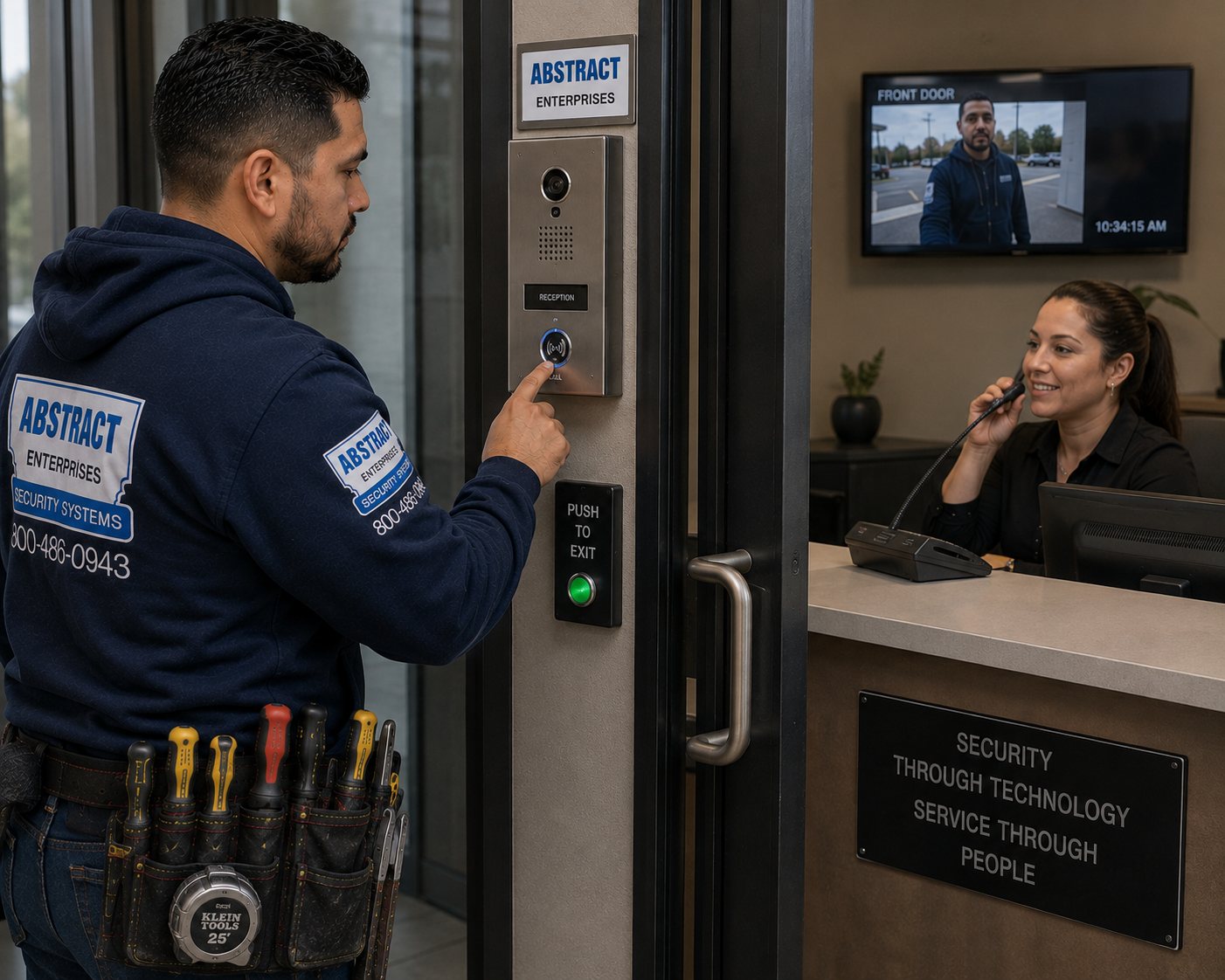 Commercial security systems NYC technician testing a video intercom with reception answering the front door call