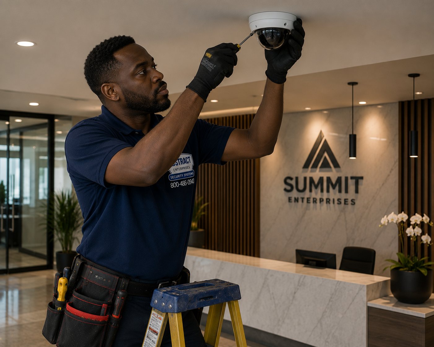 Commercial security systems NYC technician installing a dome camera in an office reception lobby