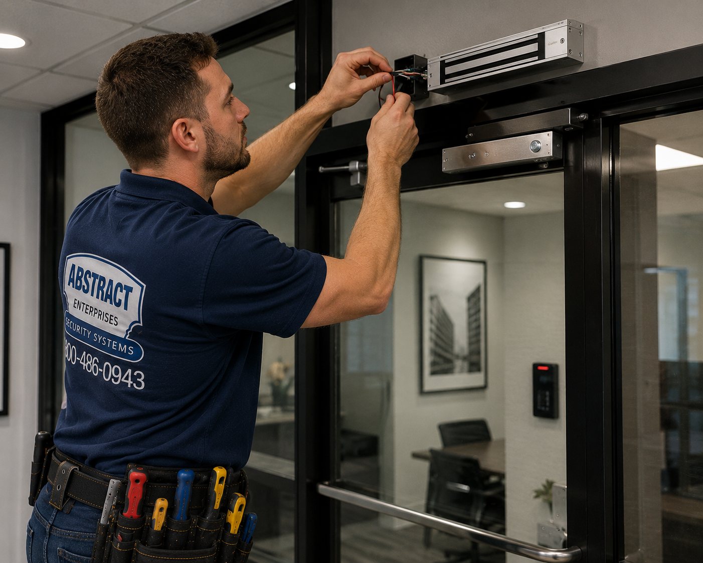 Commercial security systems NYC installer wiring a maglock above an interior office glass door