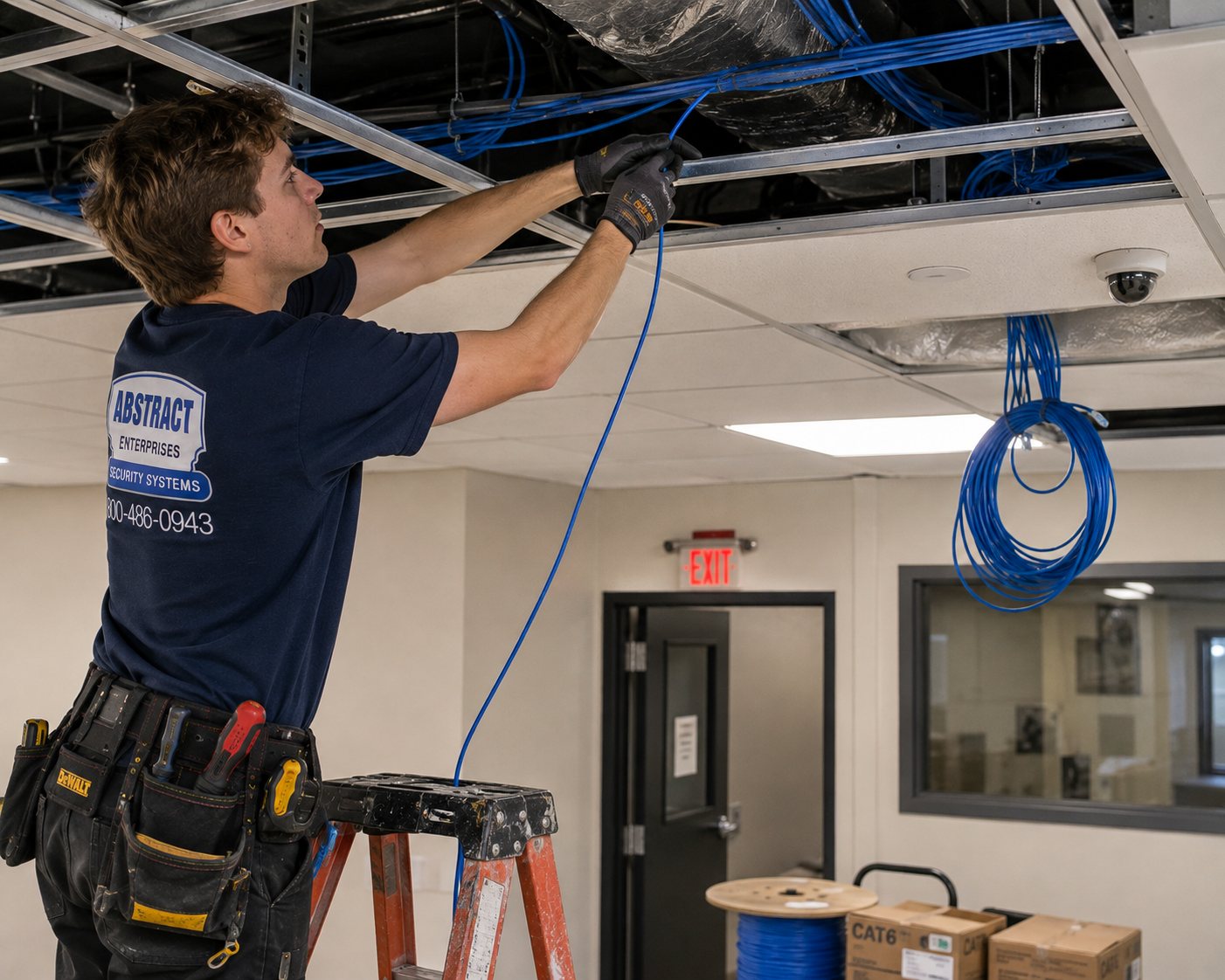 Commercial security systems NYC technician pulling Cat6 above an office drop ceiling near an installed dome camera
