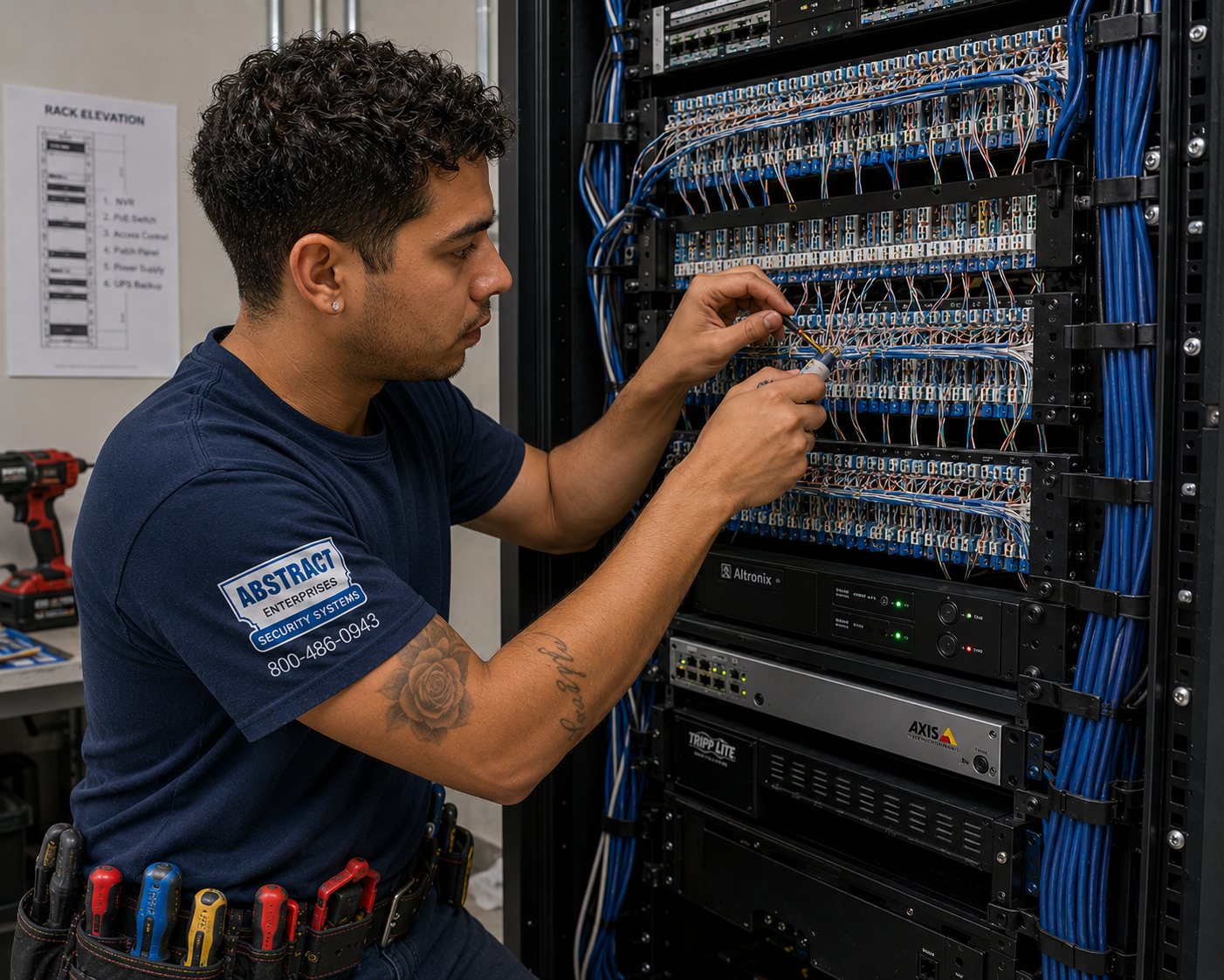 Commercial security systems NYC installer punching down camera and access cabling on a rack patch panel